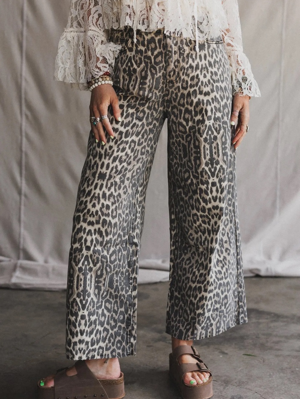 Three Bird Nest Beige and Black Leopard Wide-Leg Pants